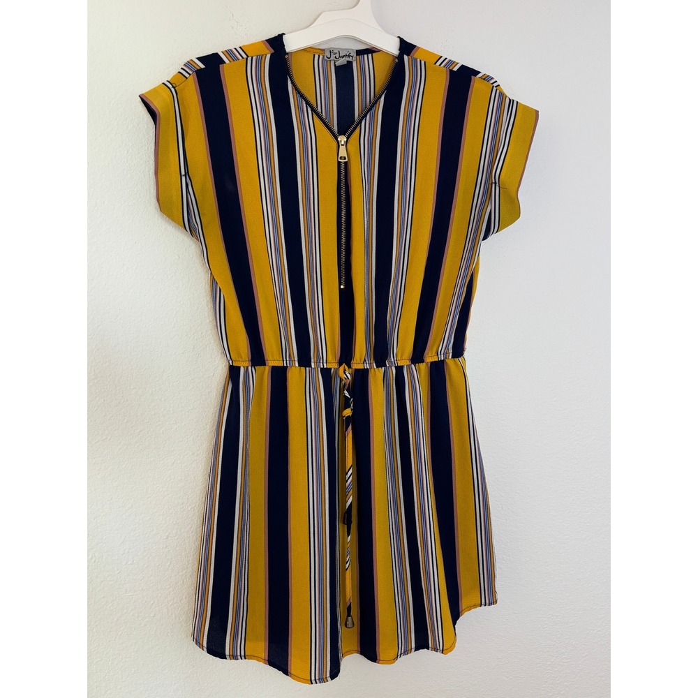 J for Justify Striped Mini Dress Yellow Navy Blue Zip Front Drawstring Large